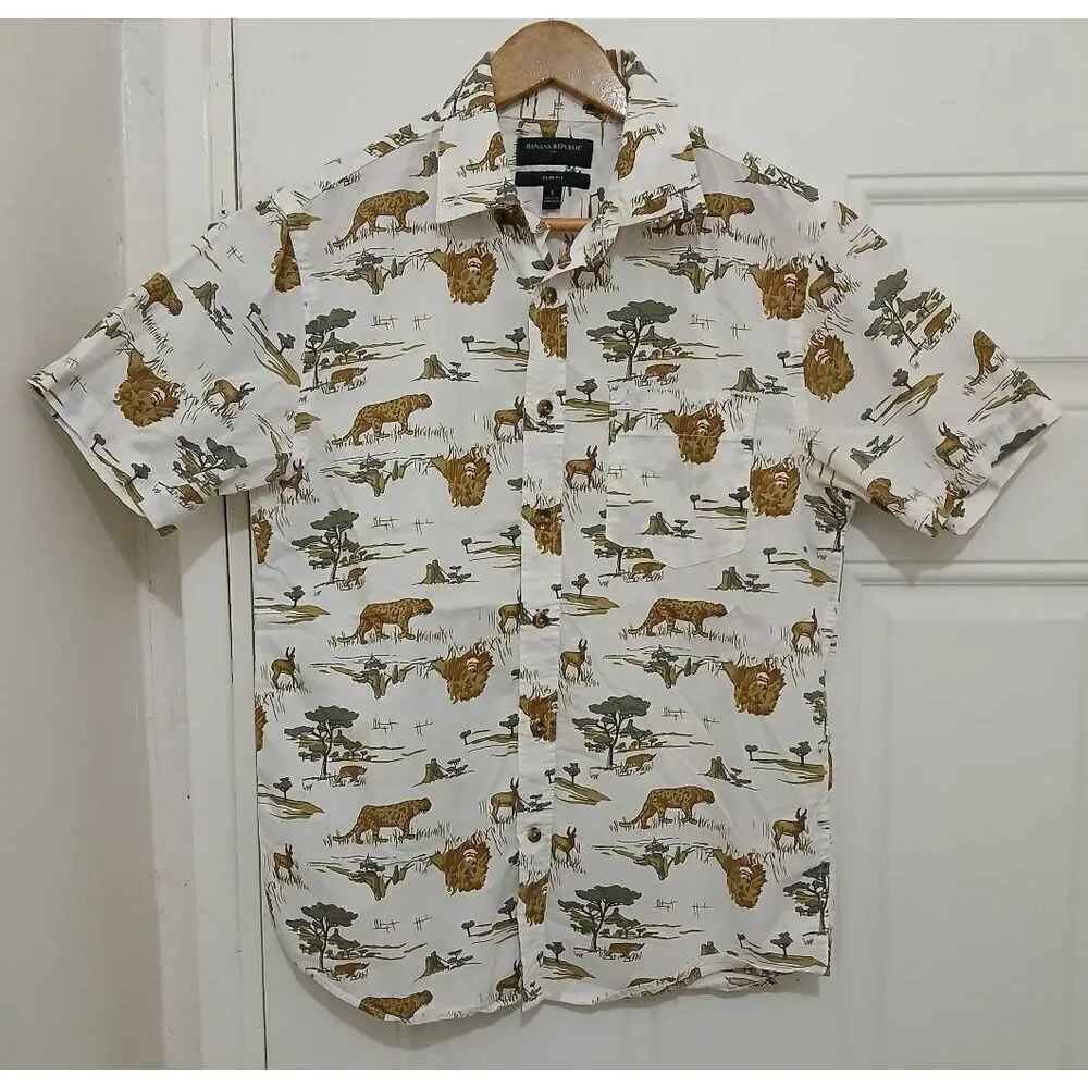 Banana republic mens small safari jungle lion shirt off white brown shortsleeve